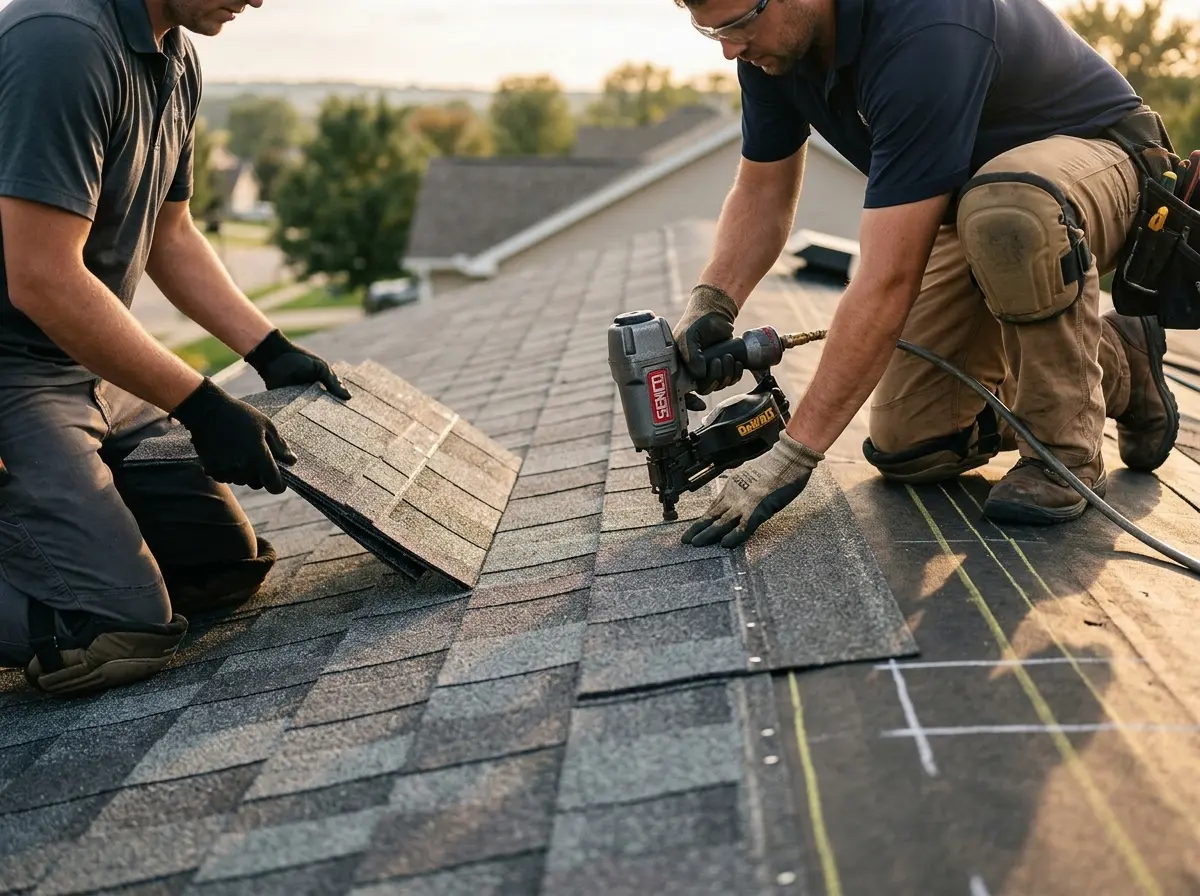 Professional roofer working on a residential roof in Pawtucket